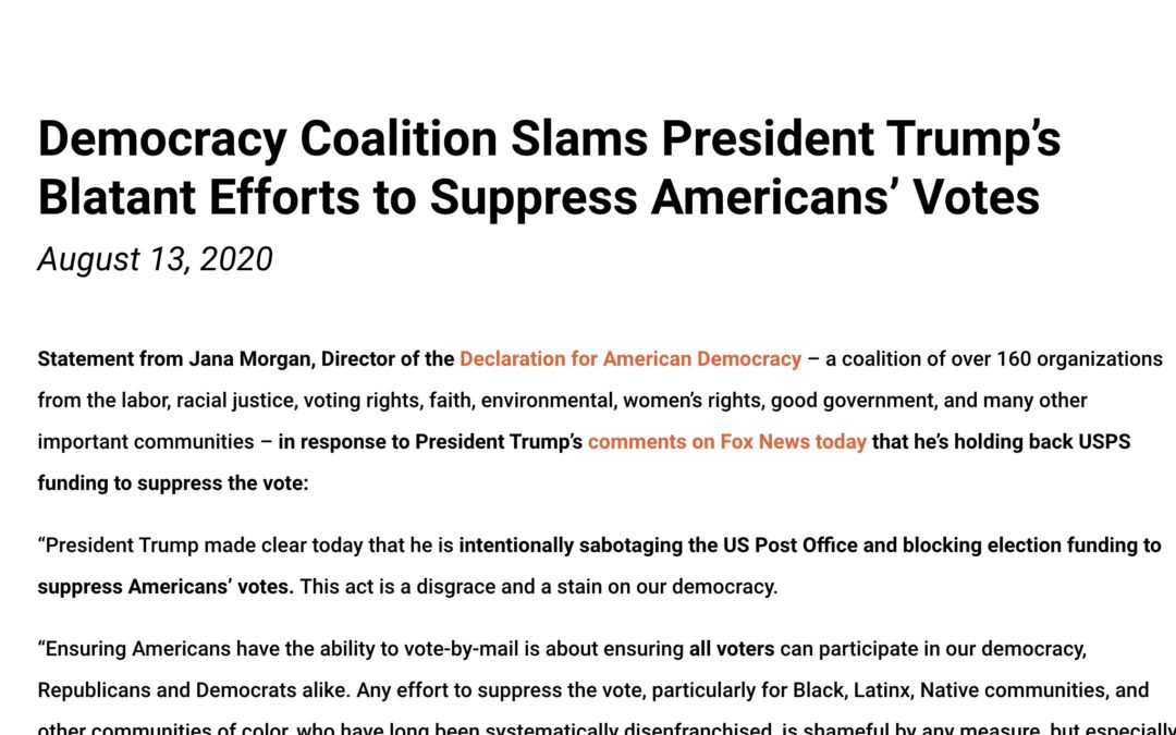 Democracy Coalition Slams President Trump’s Blatant Efforts to Suppress Americans’ Votes
