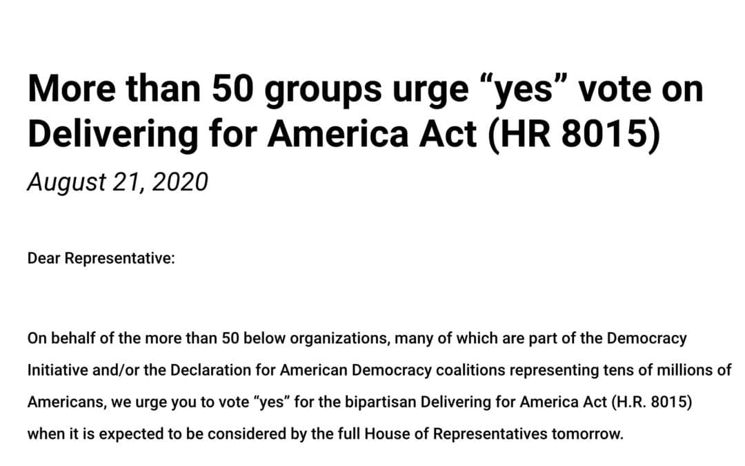 More than 50 groups urge “yes” vote on Delivering for America Act (HR 8015)